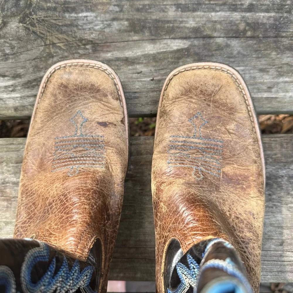 Ariat Tombstone Kids Cowboy Boots Brown Leather Square Toe Blue Stitching Size 5